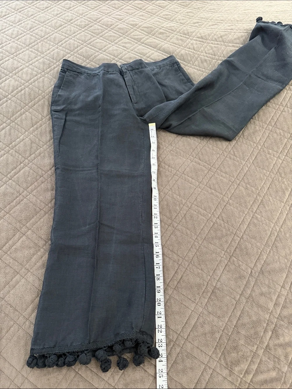 Zara Black Linen Trousers/Pants with Pom Trim size L